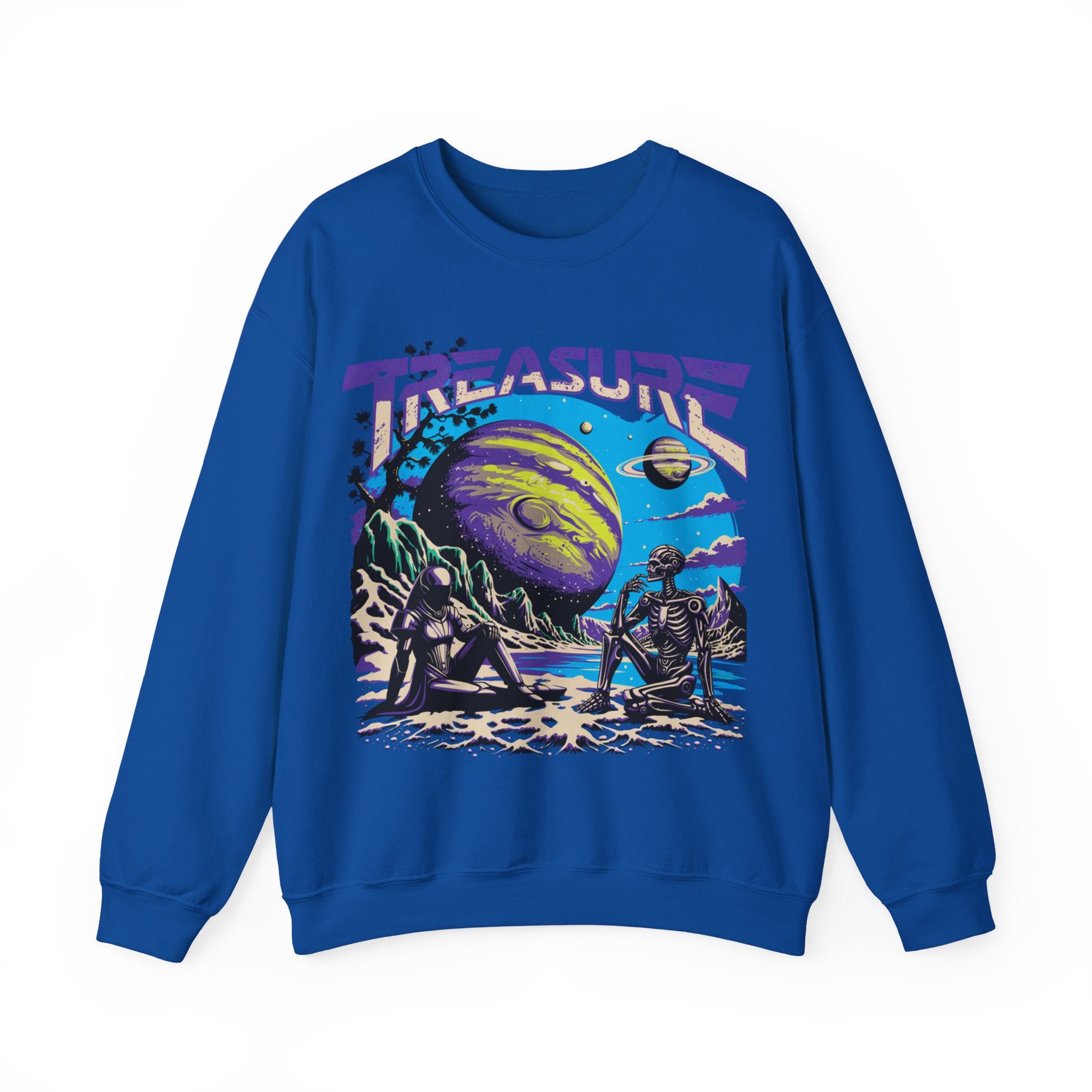 Retro Space Crewneck Sweatshirt – “Treasure 777” Planet Adventure Graphic
