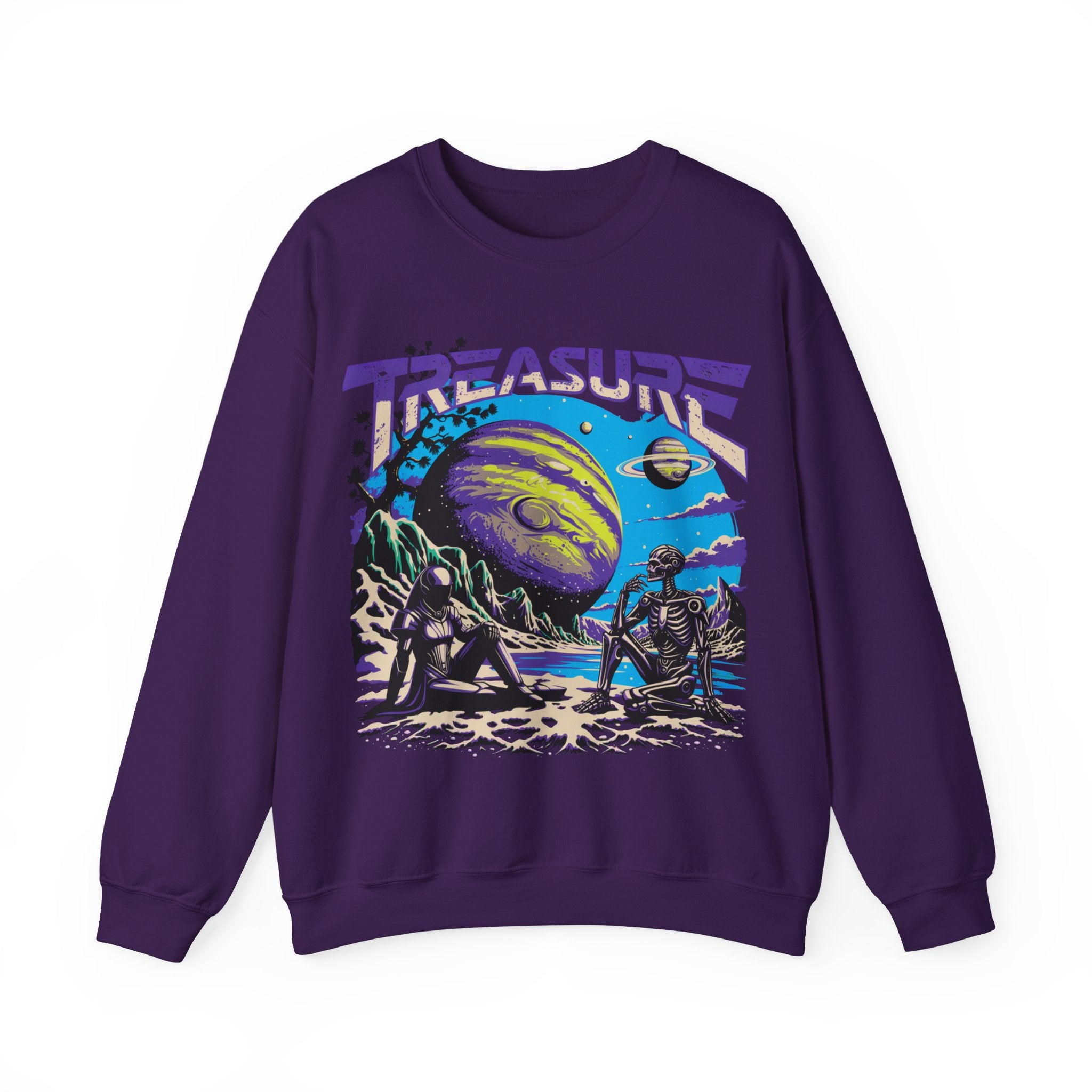 Retro Space Crewneck Sweatshirt – “Treasure 777” Planet Adventure Graphic