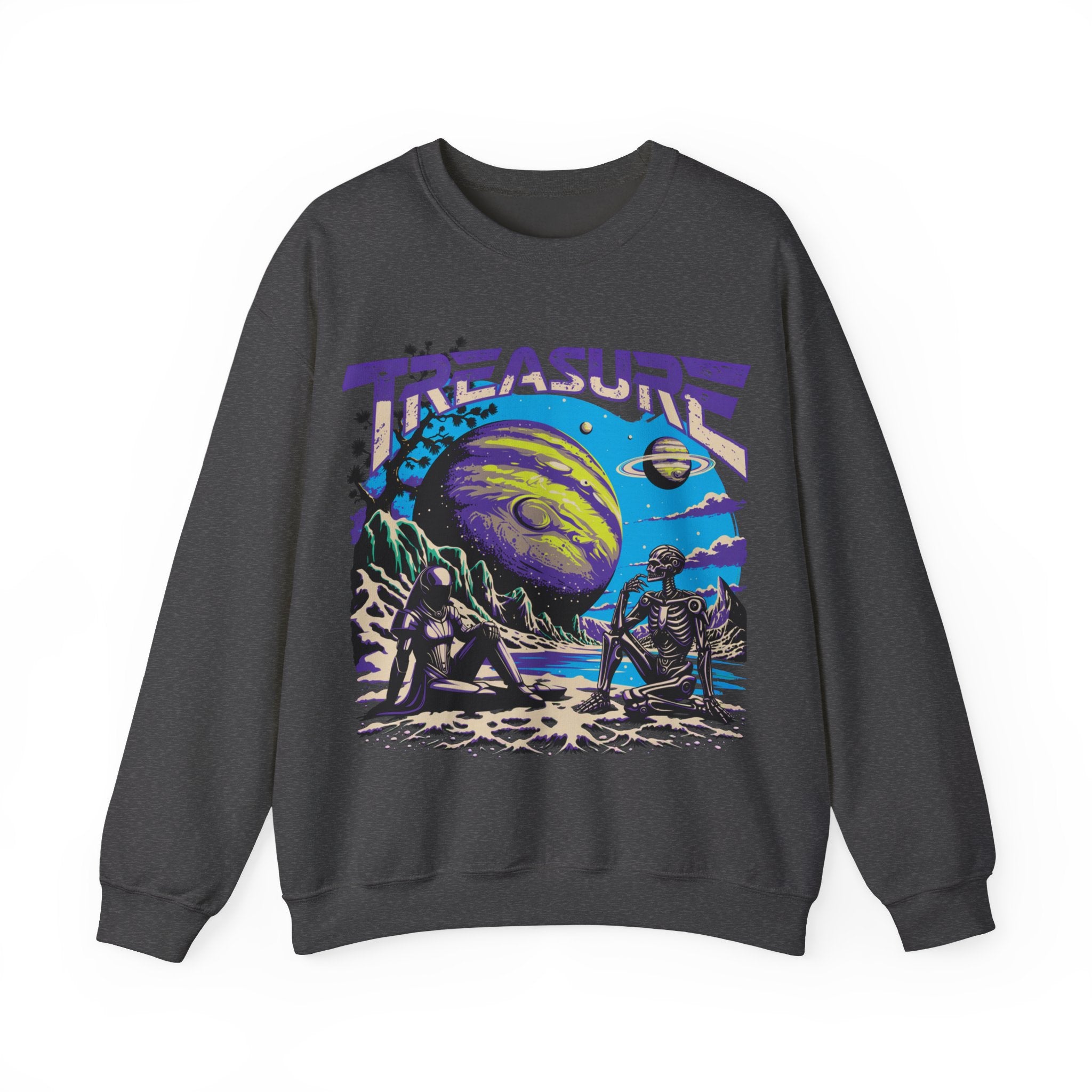 Retro Space Crewneck Sweatshirt – “Treasure 777” Planet Adventure Graphic