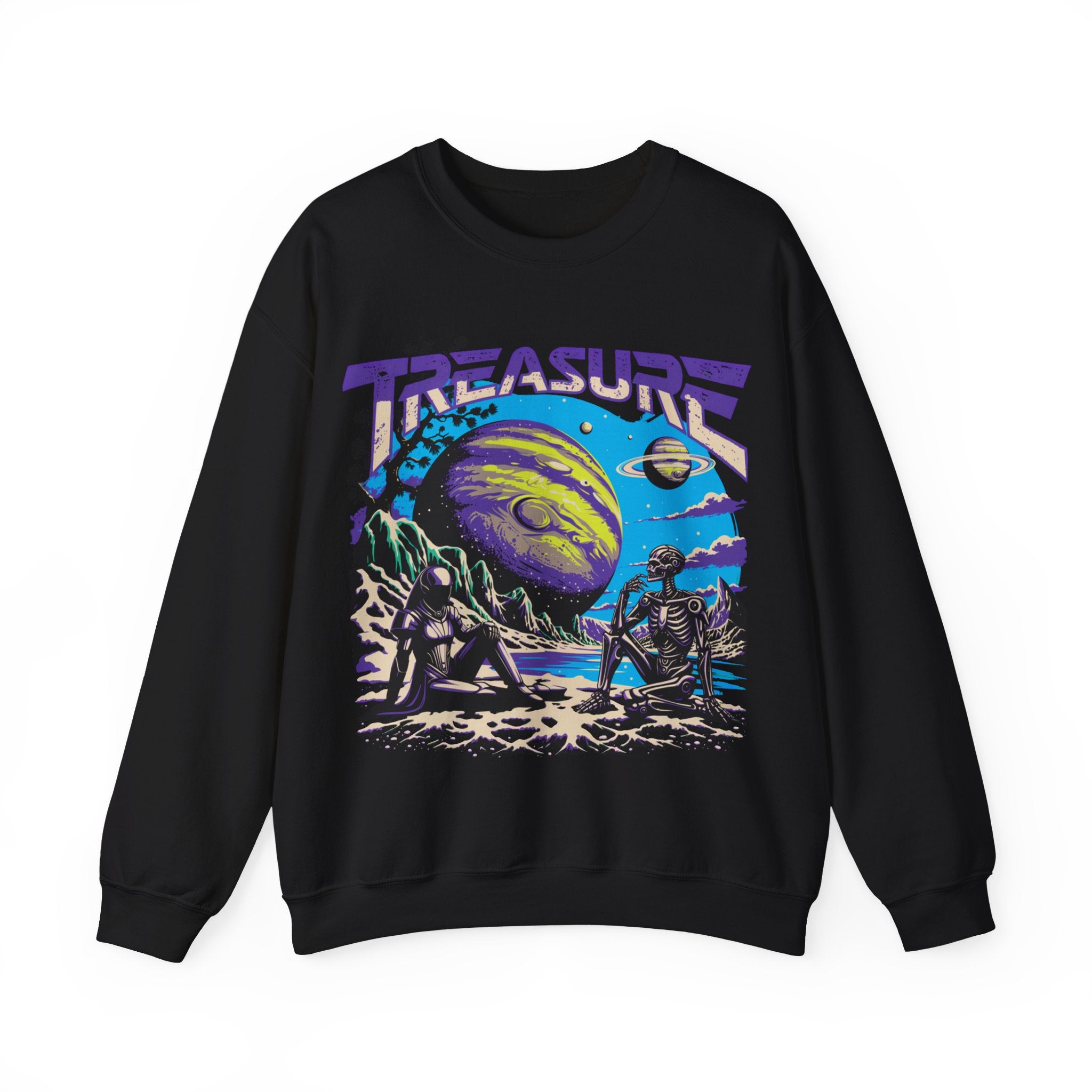 Retro Space Crewneck Sweatshirt – “Treasure 777” Planet Adventure Graphic