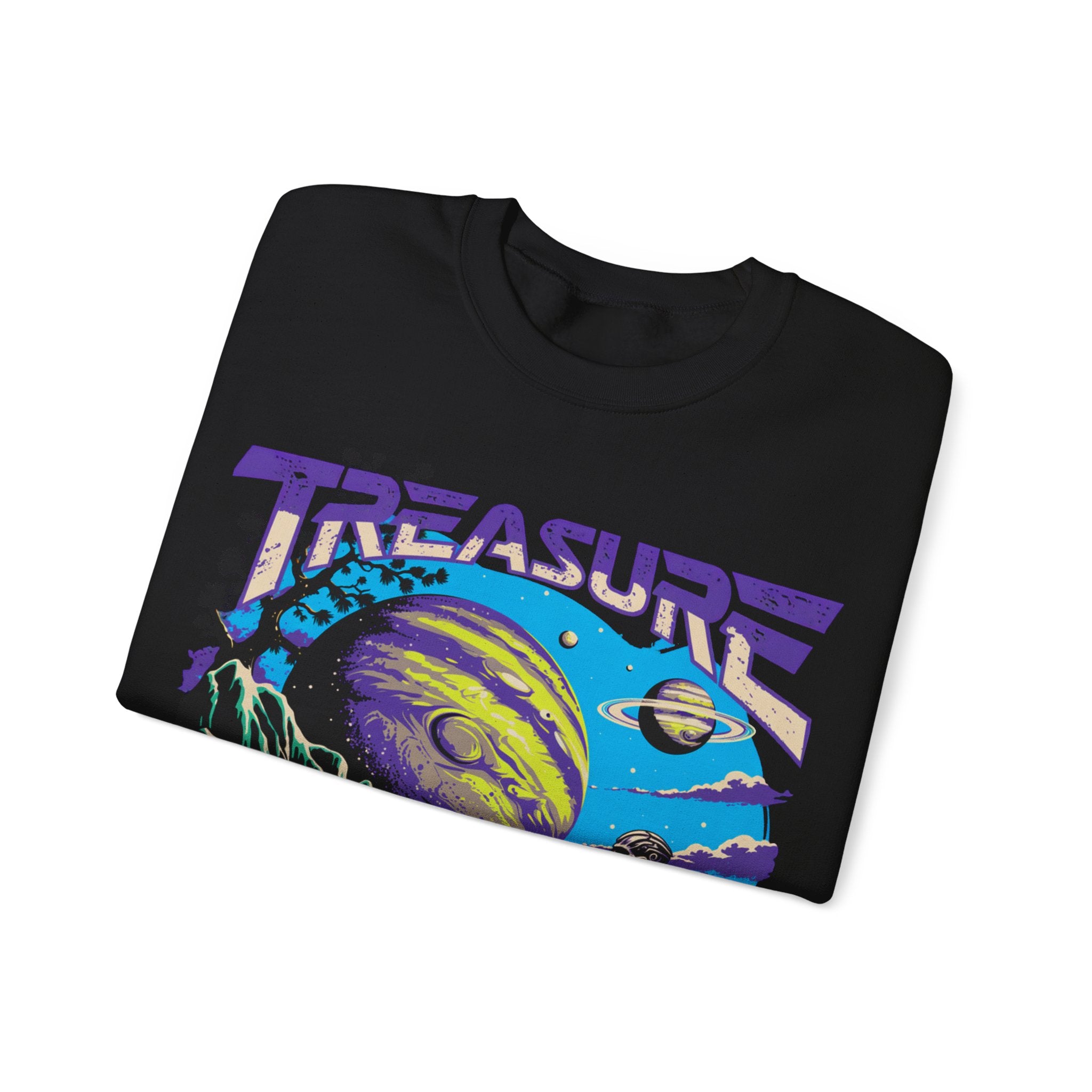 Retro Space Crewneck Sweatshirt – “Treasure 777” Planet Adventure Graphic