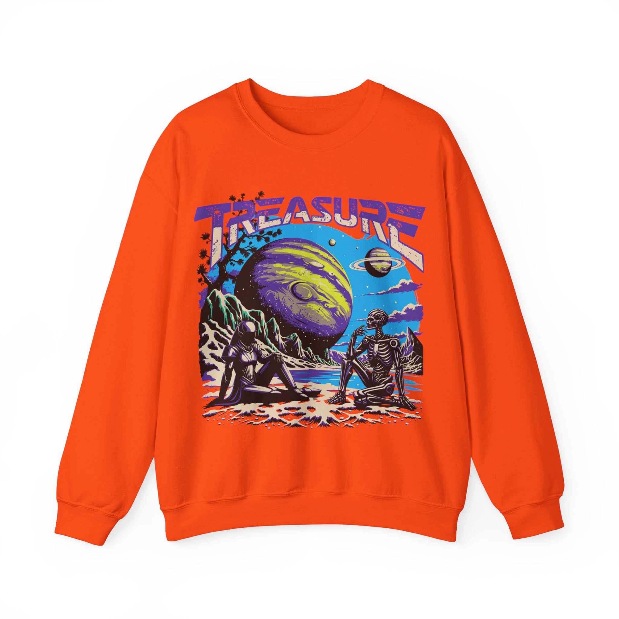 Retro Space Crewneck Sweatshirt – “Treasure 777” Planet Adventure Graphic