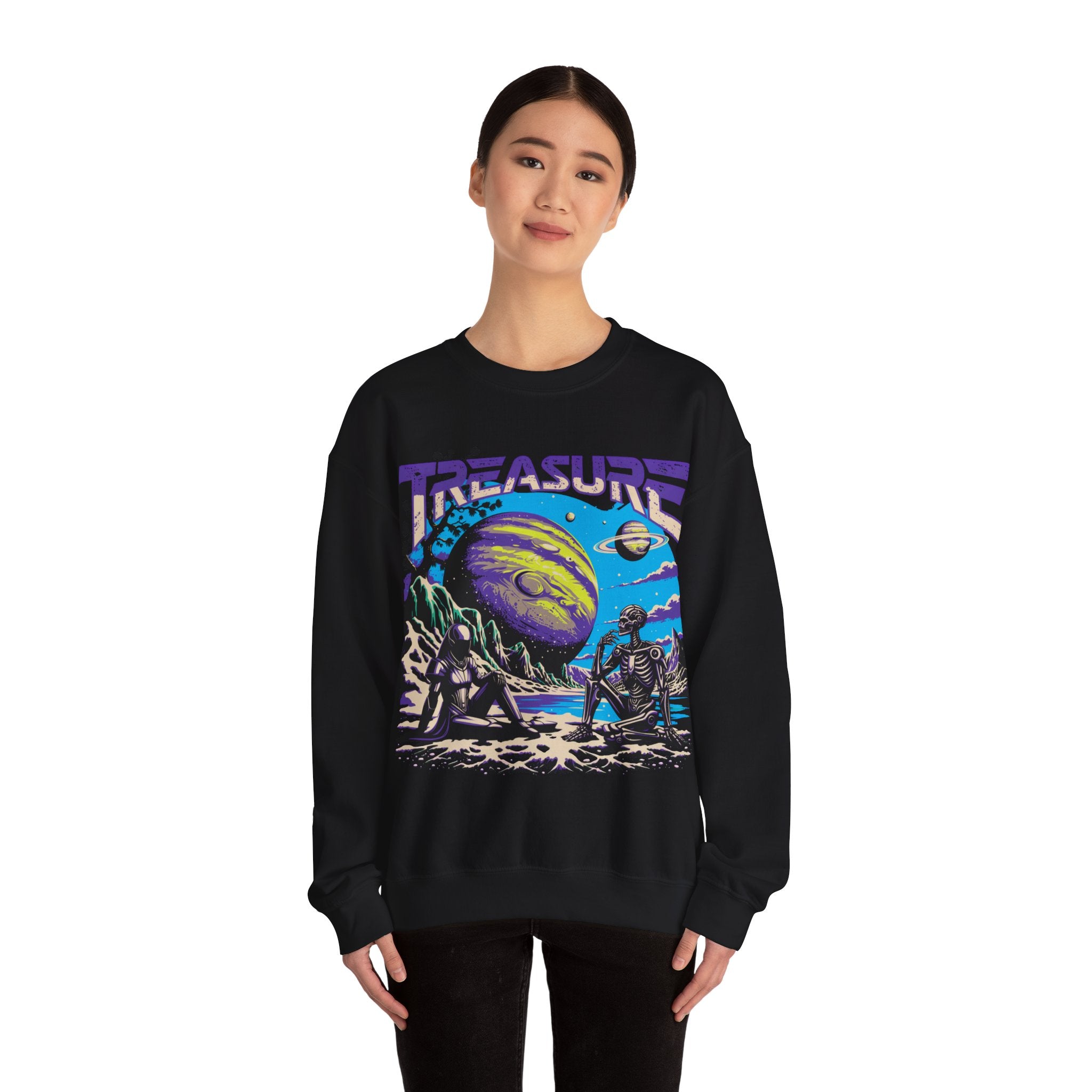 Retro Space Crewneck Sweatshirt – “Treasure 777” Planet Adventure Graphic