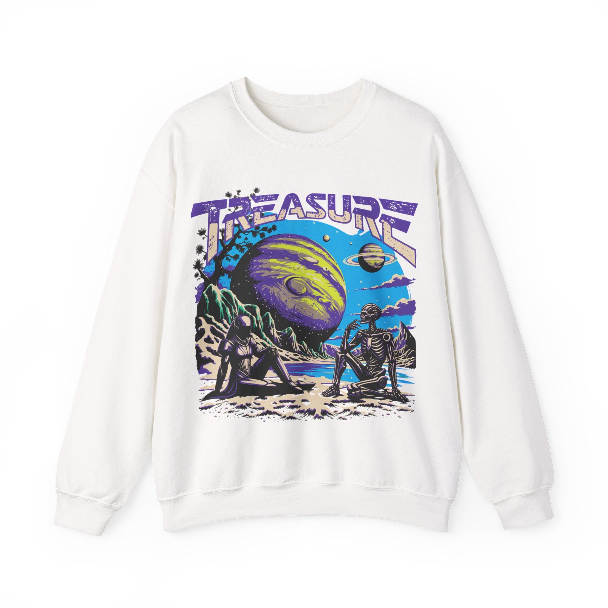 Retro Space Crewneck Sweatshirt – “Treasure 777” Planet Adventure Graphic