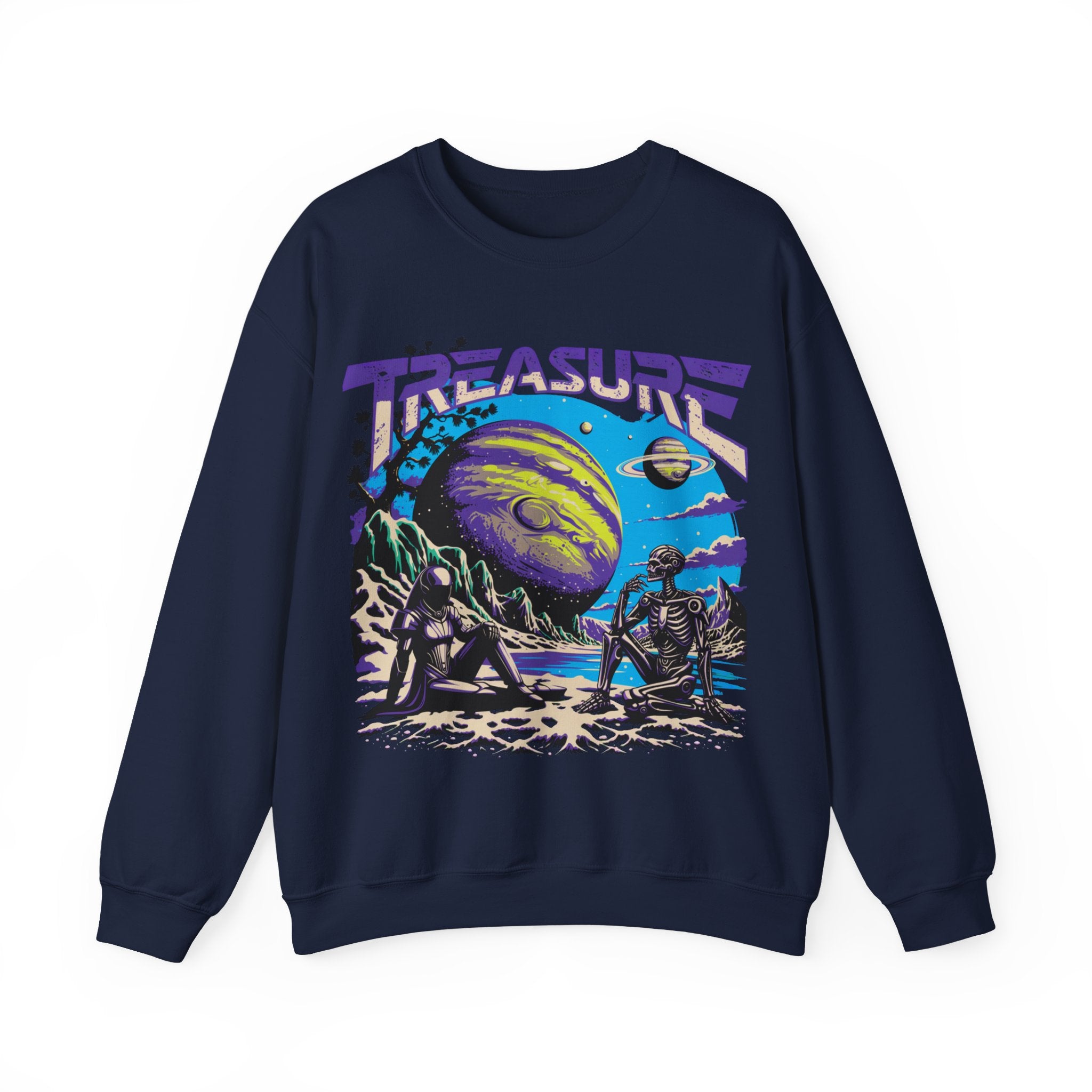 Retro Space Crewneck Sweatshirt – “Treasure 777” Planet Adventure Graphic