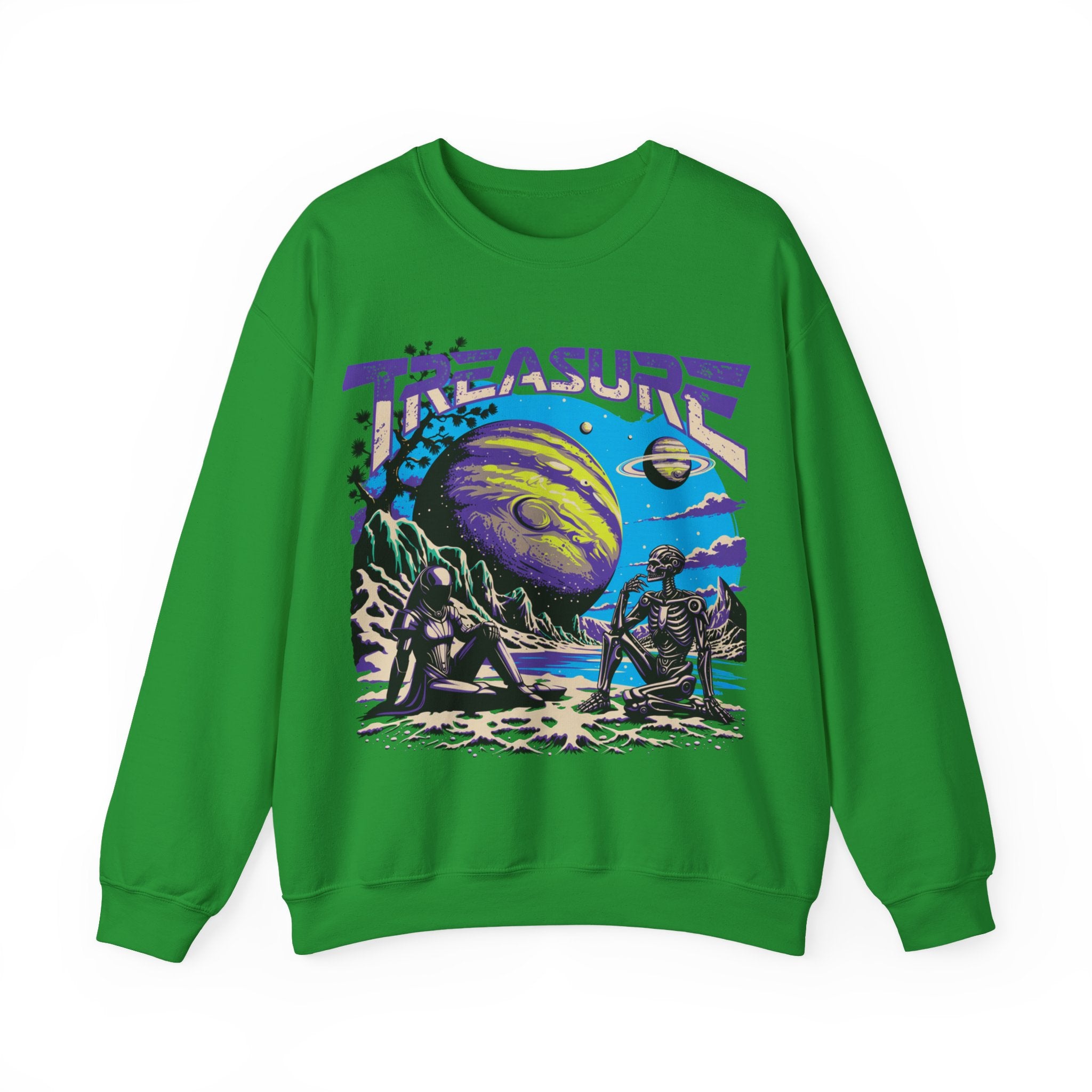Retro Space Crewneck Sweatshirt – “Treasure 777” Planet Adventure Graphic