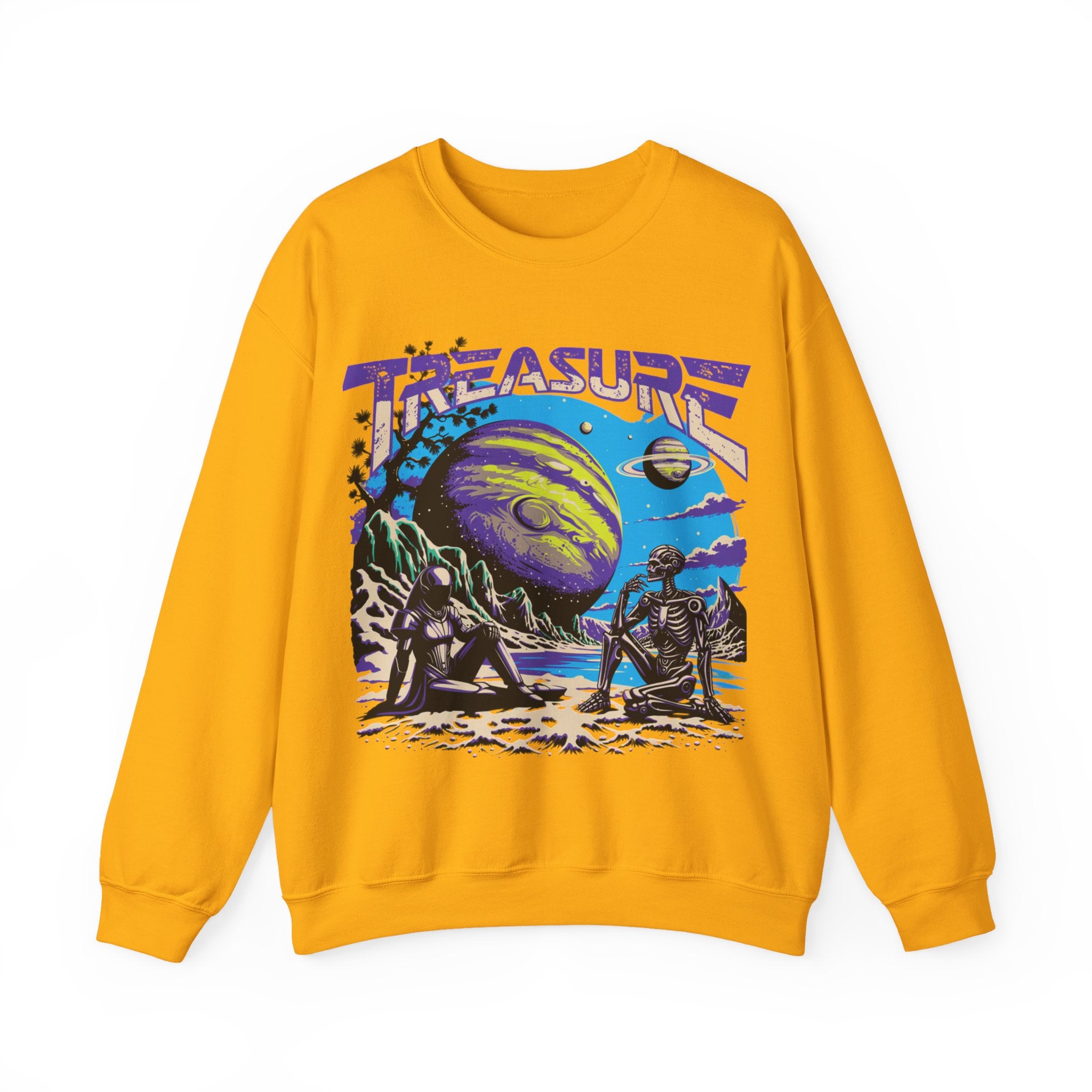 Retro Space Crewneck Sweatshirt – “Treasure 777” Planet Adventure Graphic
