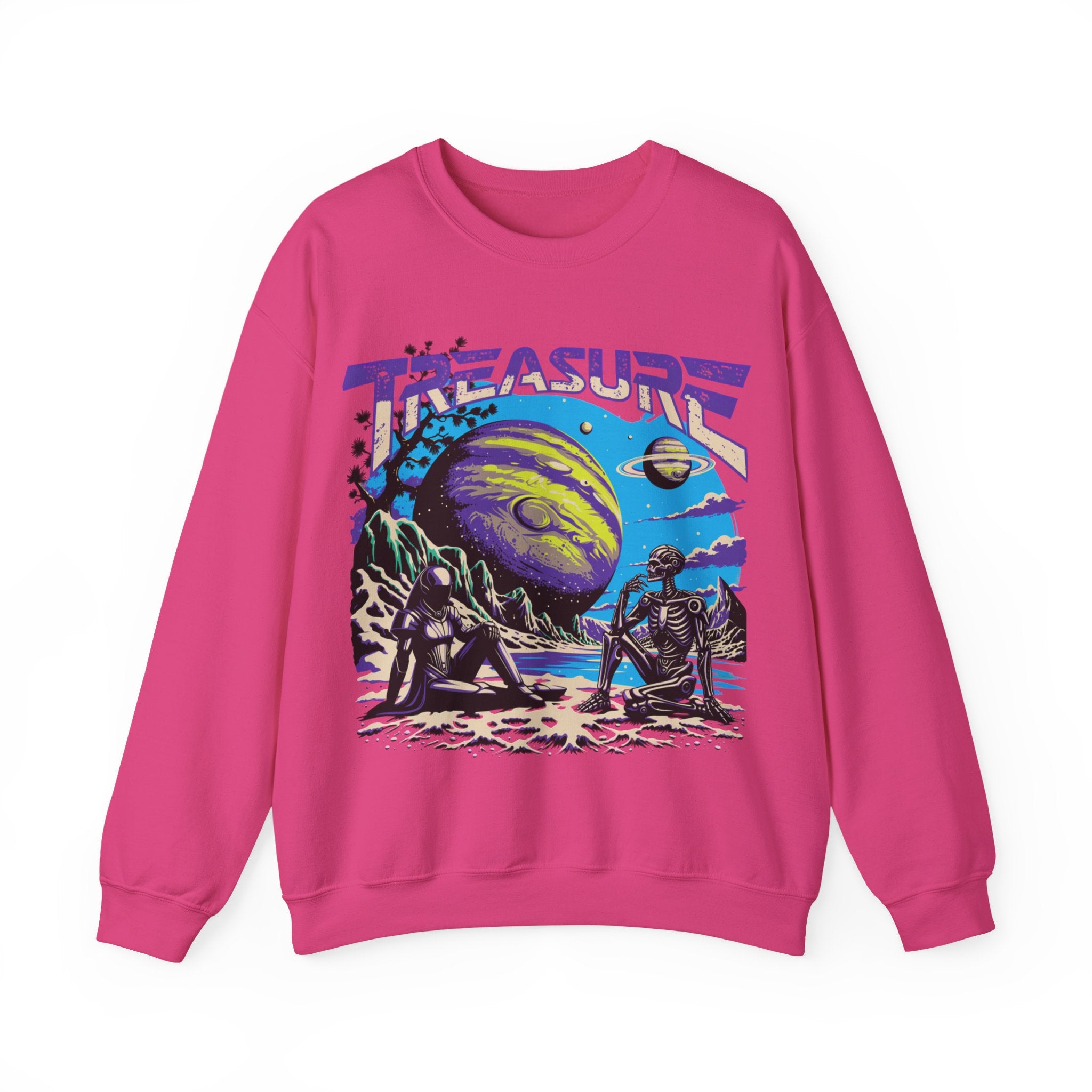 Retro Space Crewneck Sweatshirt – “Treasure 777” Planet Adventure Graphic