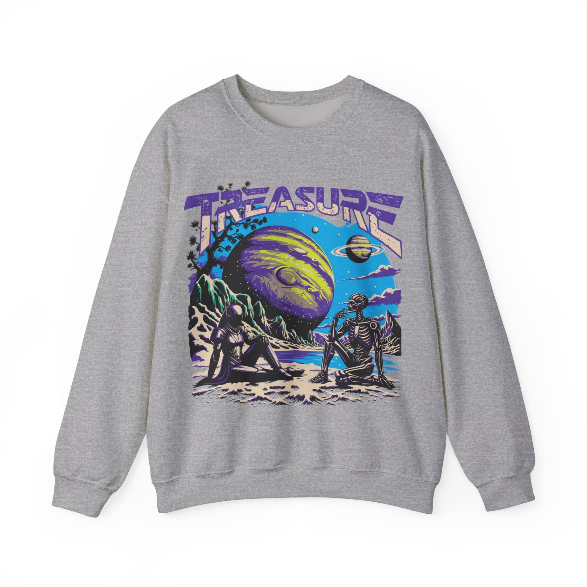 Retro Space Crewneck Sweatshirt – “Treasure 777” Planet Adventure Graphic